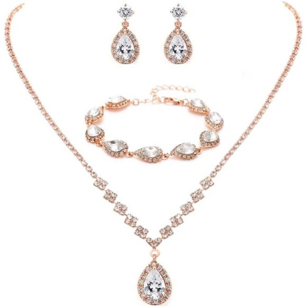 Rose Gold Bridal Crystal Necklace Earrings Set Bridal Wedding Jewelry Set